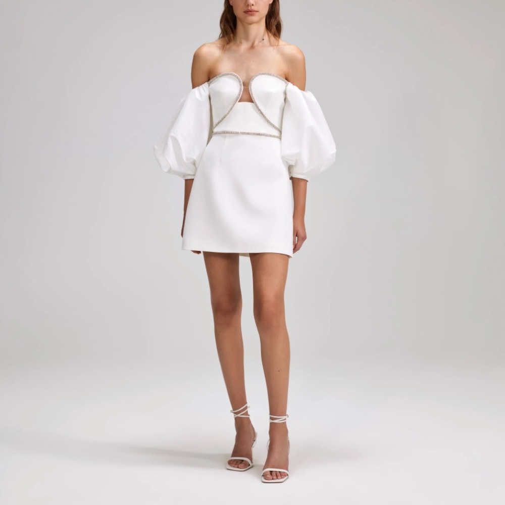 NWT Self-Portrait White‎ Crepe Puff Sleeve Mini Dress Size 0